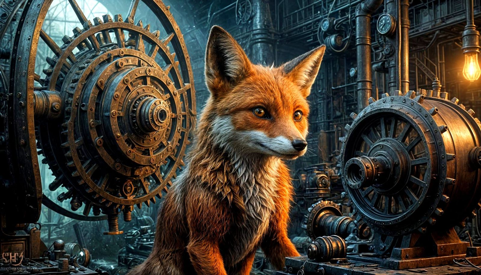 Mischievous Fox with Clockwork Heart in Industrial Fantasy