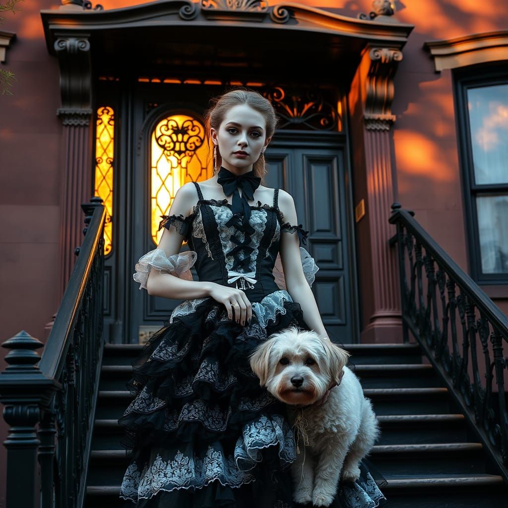 Gothic Woman and Sheepdog in Japanese Street Fashion