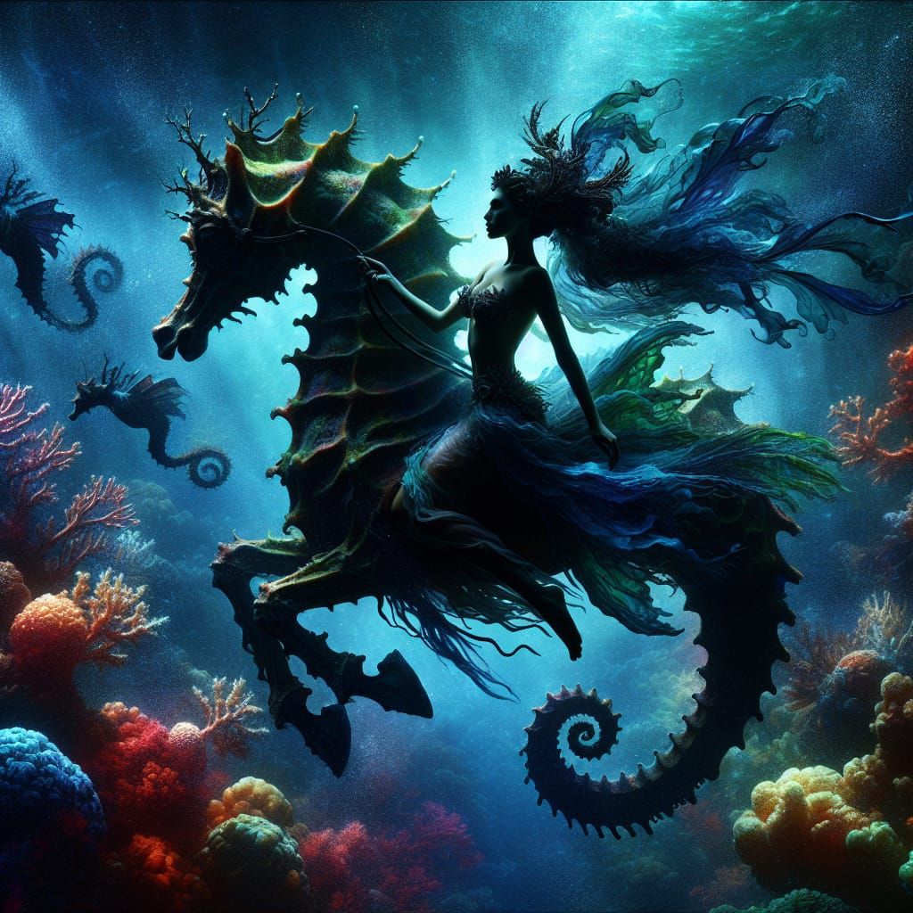 Hispanic Nymph and Seahorse in Underwater Fantasy