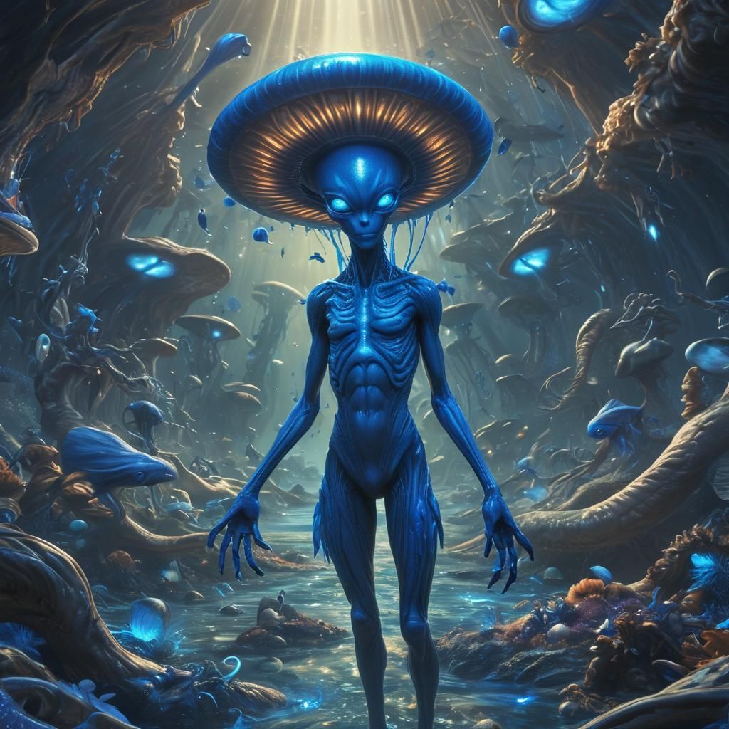 Vibrant Blue Alien in Bioluminescent Vortex
