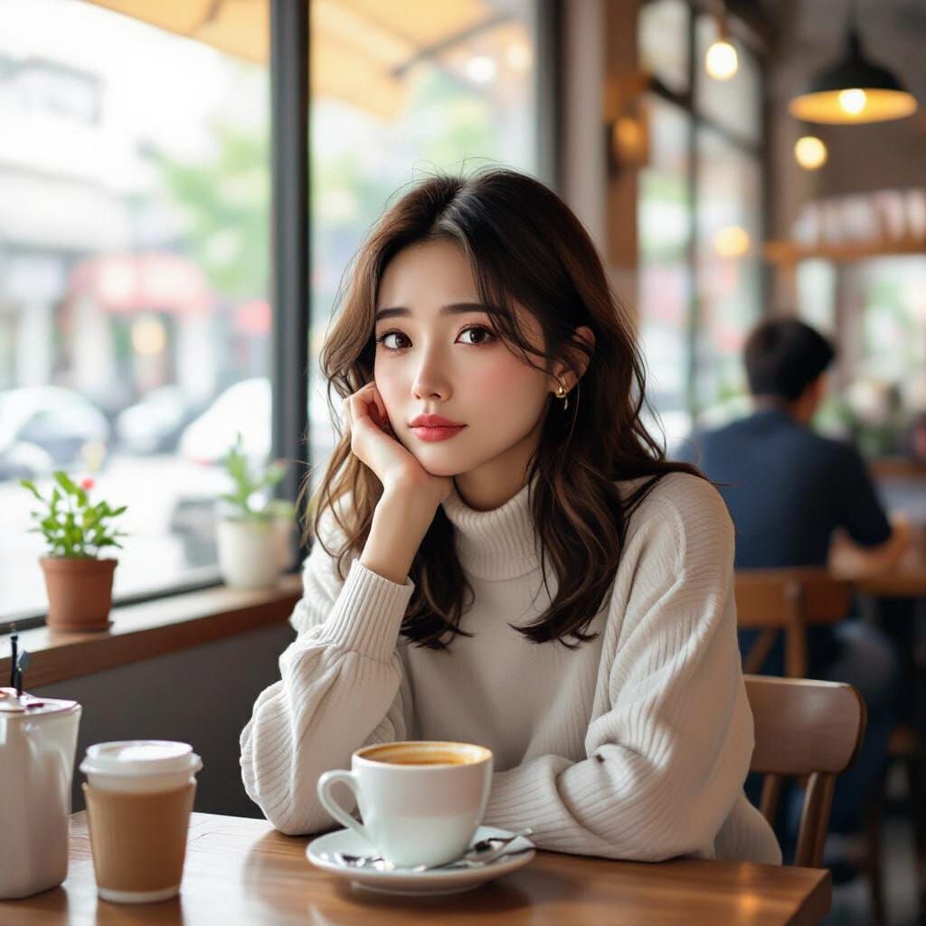 Melancholy Woman in Cafe: Expressive Digital Art