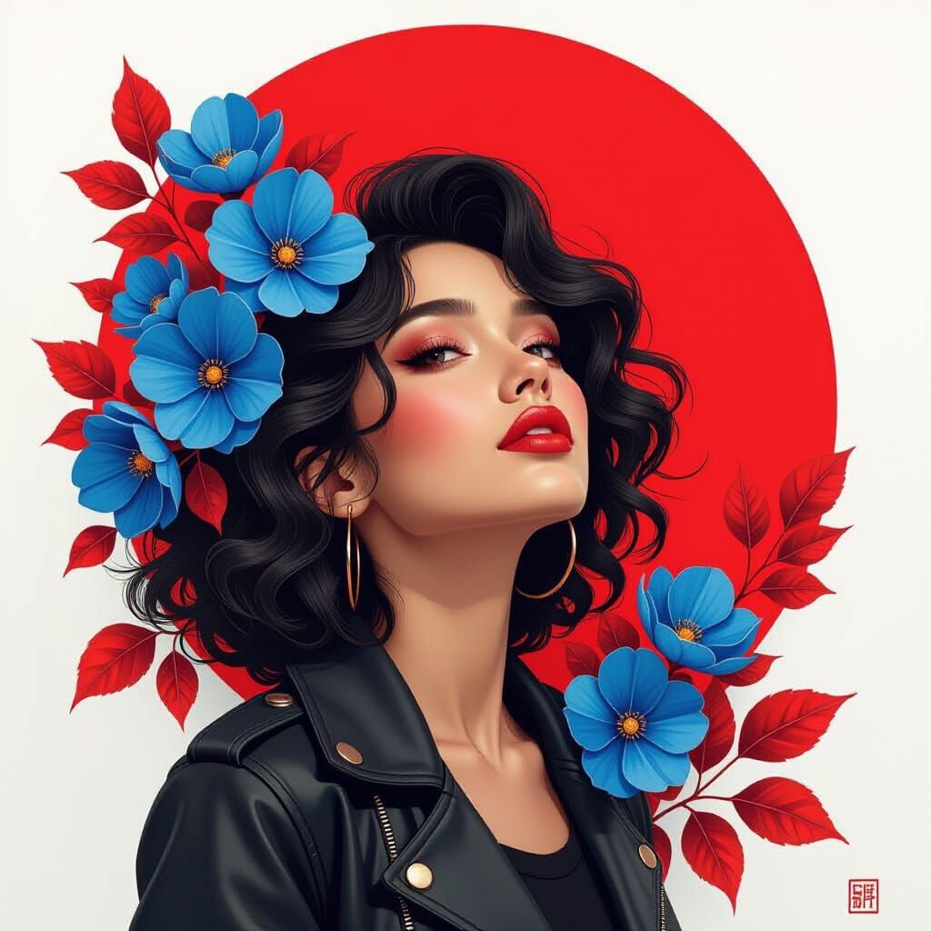 Charcoal Portrait with Flowers in Dark Realism Style