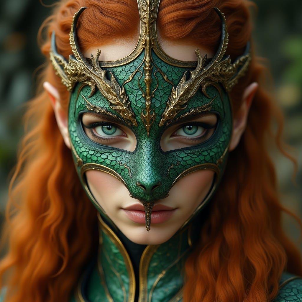 Elven Woman with Dragon Mask in Hyper-Realistic Style