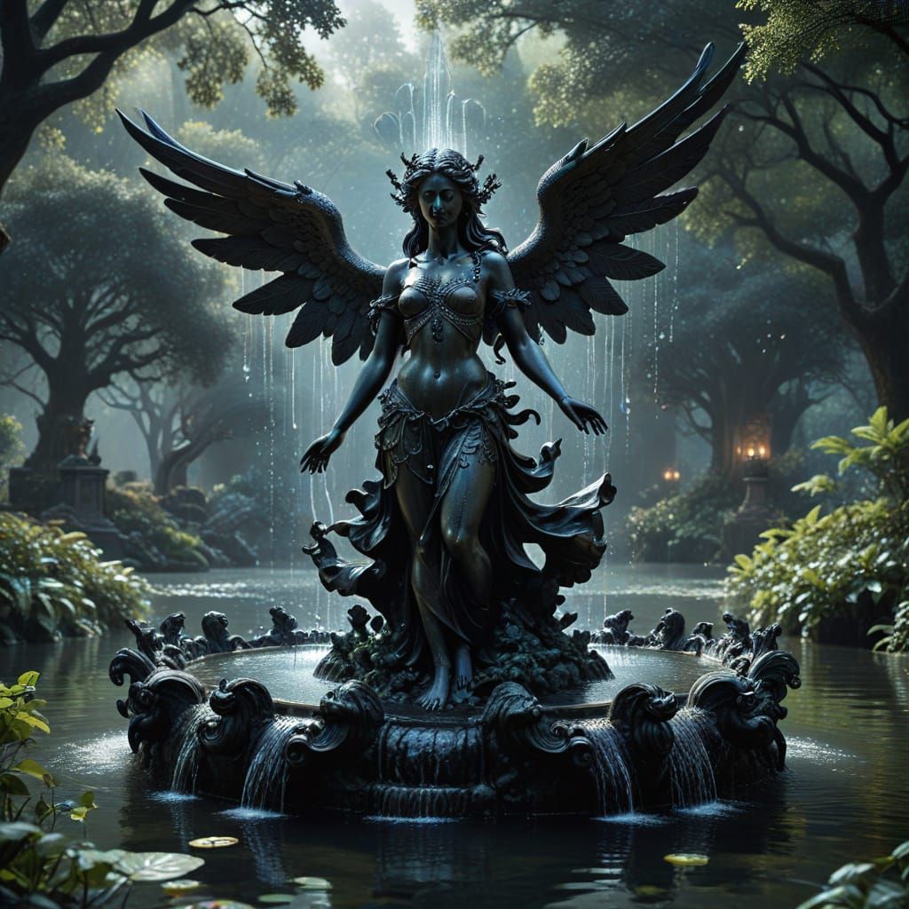 Black Marble Angel Fountain in Water Gardens