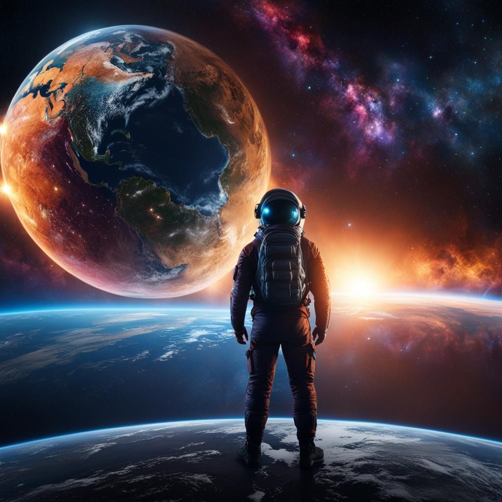 Person in Space with Earth and Galaxies