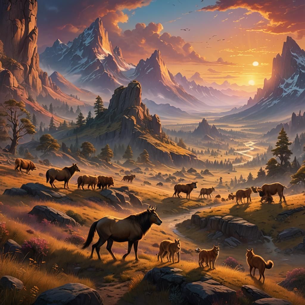 Wildlife Roams Free Under Sunset: Digital Matte Painting