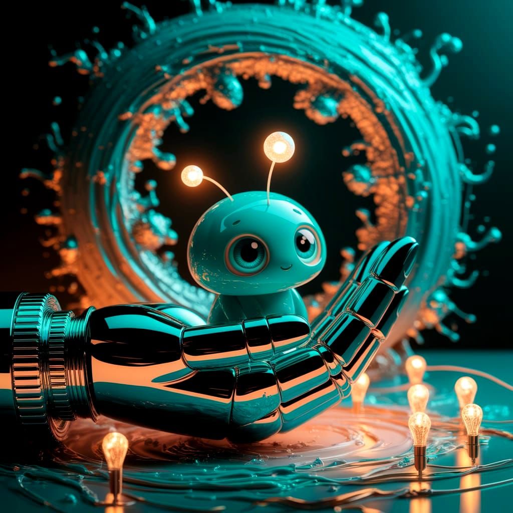 Turquoise Android Hand Holding Glowing Creature