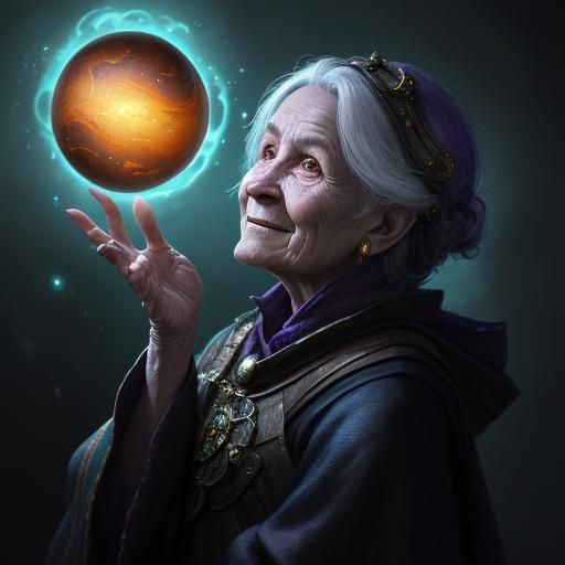 Old Sorceress with Glowing Orbs, Dark Fantasy Art
