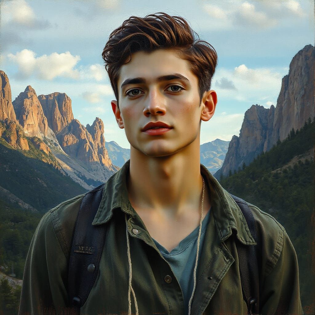 Young Man in Jurassic Landscape as Oil Painting