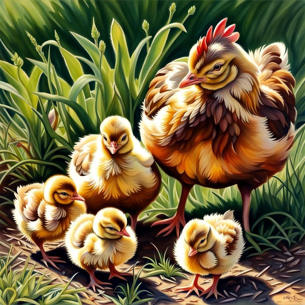 Pencil Art: Hen and Chicks on Sunny Day
