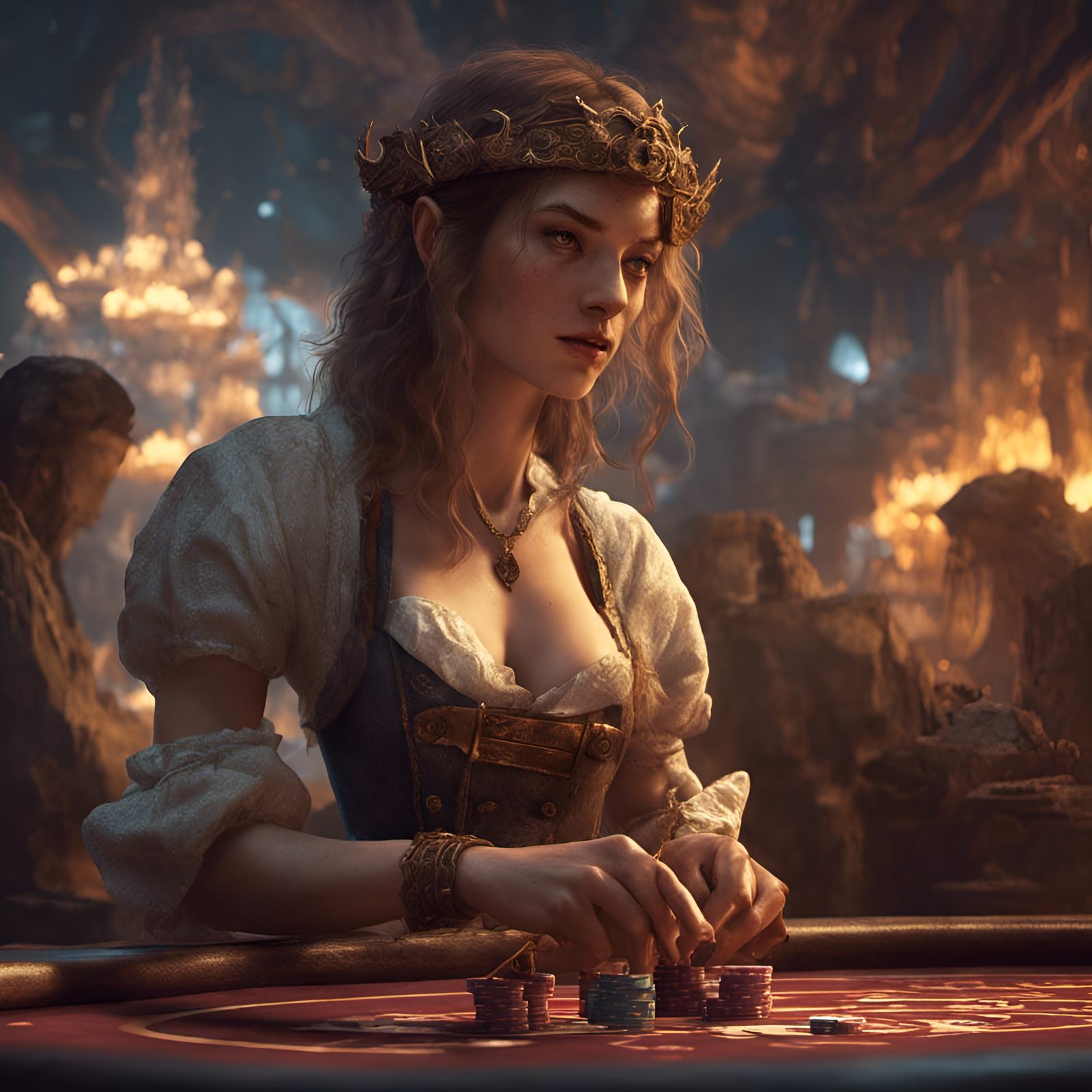 Hobbit Woman Gambling in Hell Casino: Fantasy Art