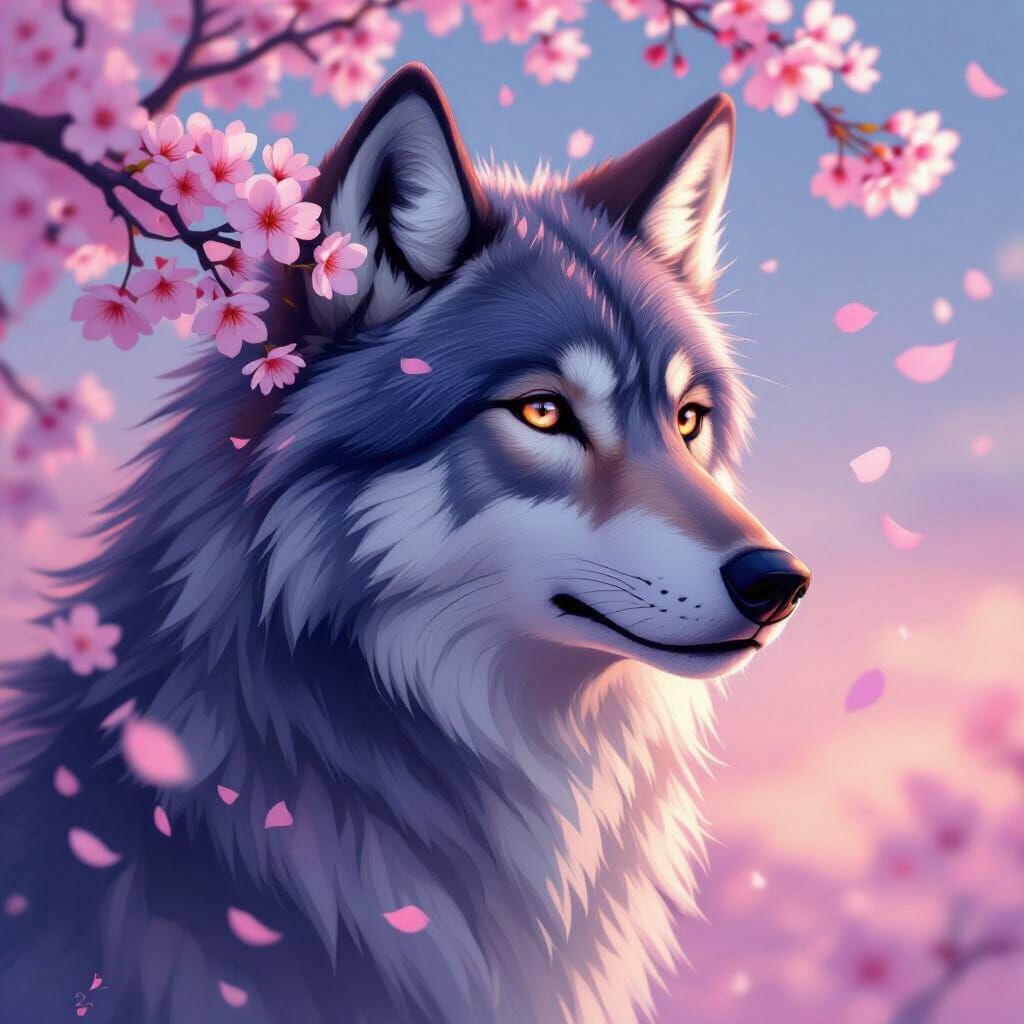 Wolf Portrait with Cherry Blossoms in Digital Painting Style