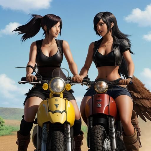 Tifa and Yuffie riding bikes