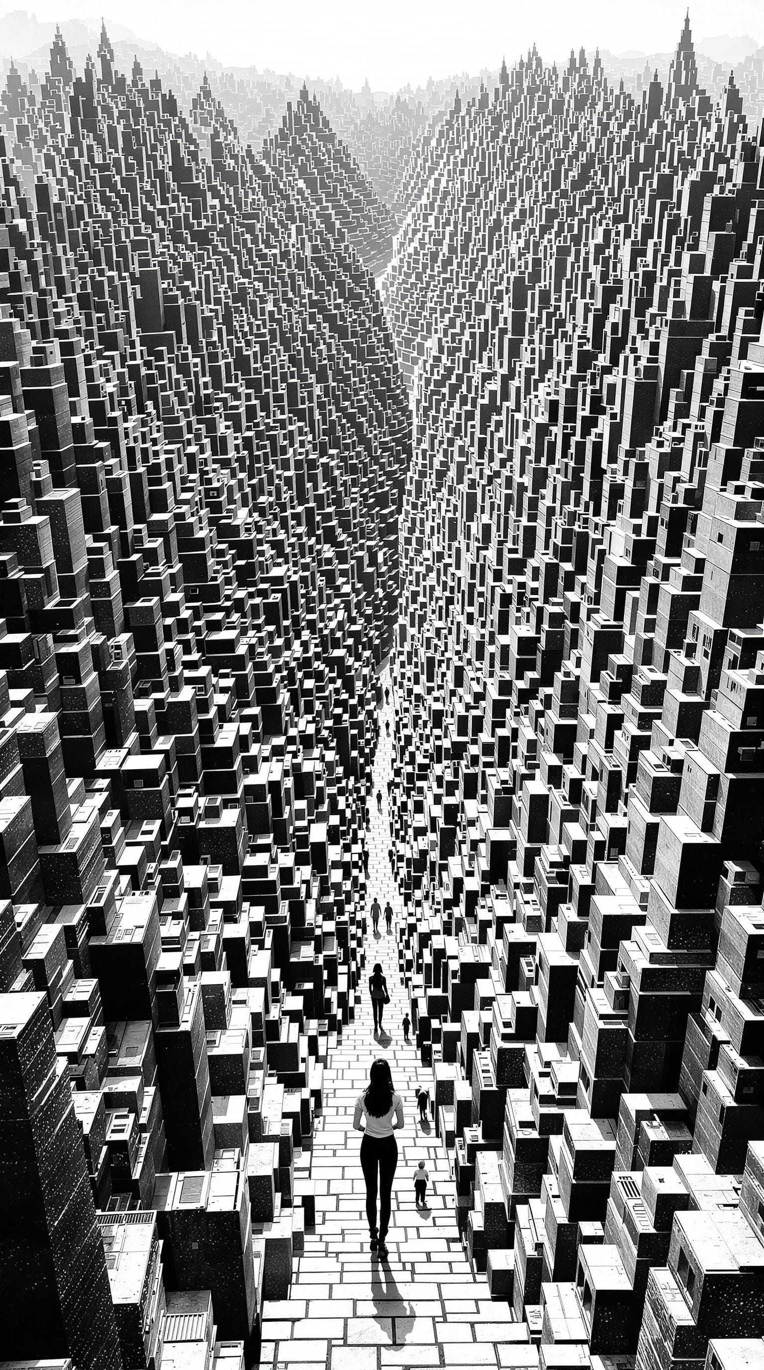 Monochrome Escher-esque Terraced Cityscape