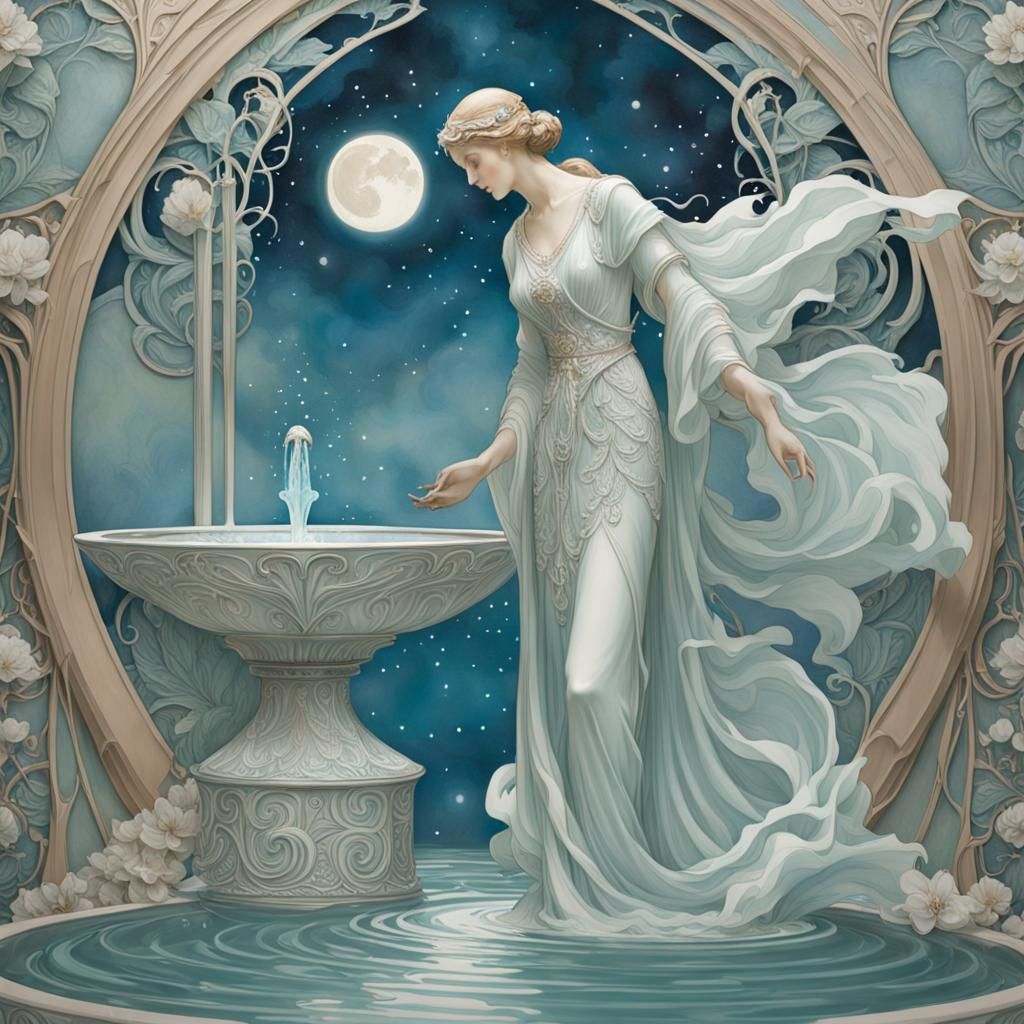 Elegant Art Nouveau Figure Under Moonlight