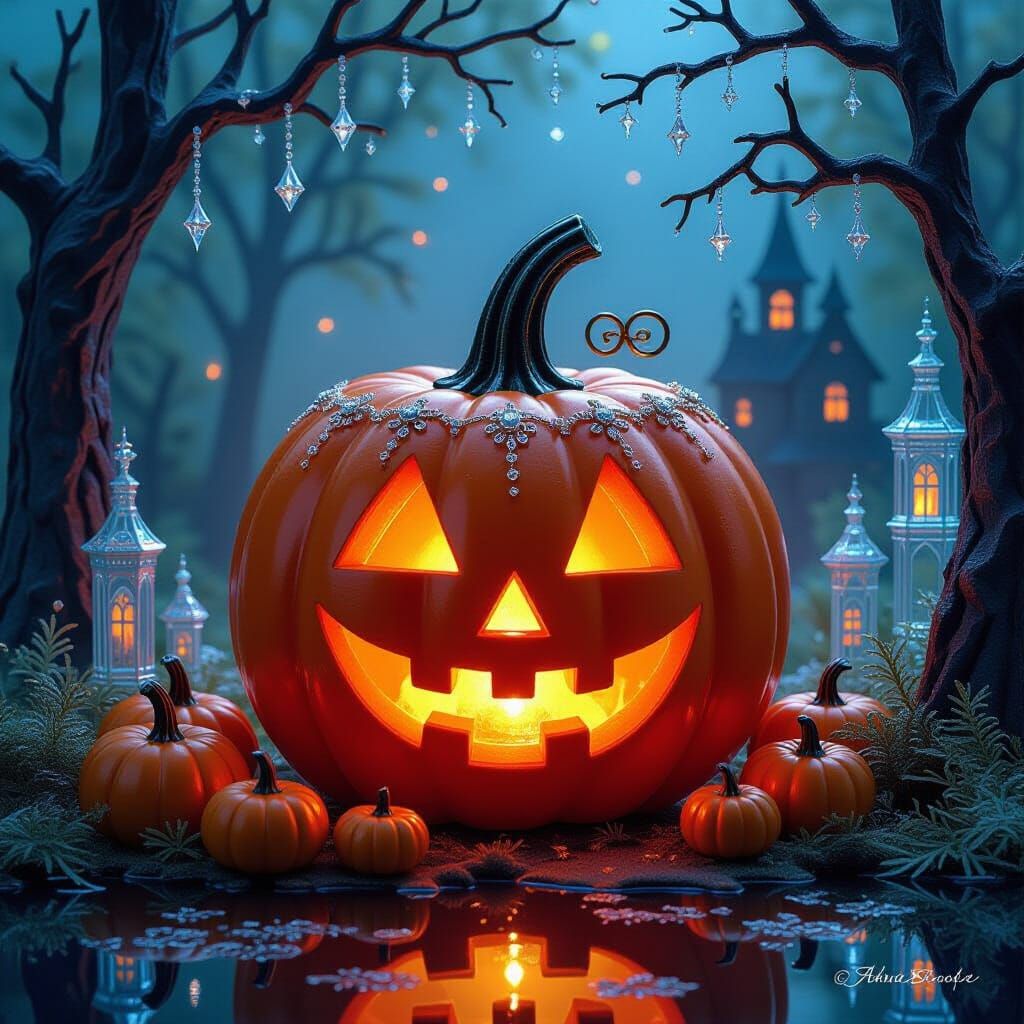 Carved Glass Pumpkin Sculpture with Halloween Glow