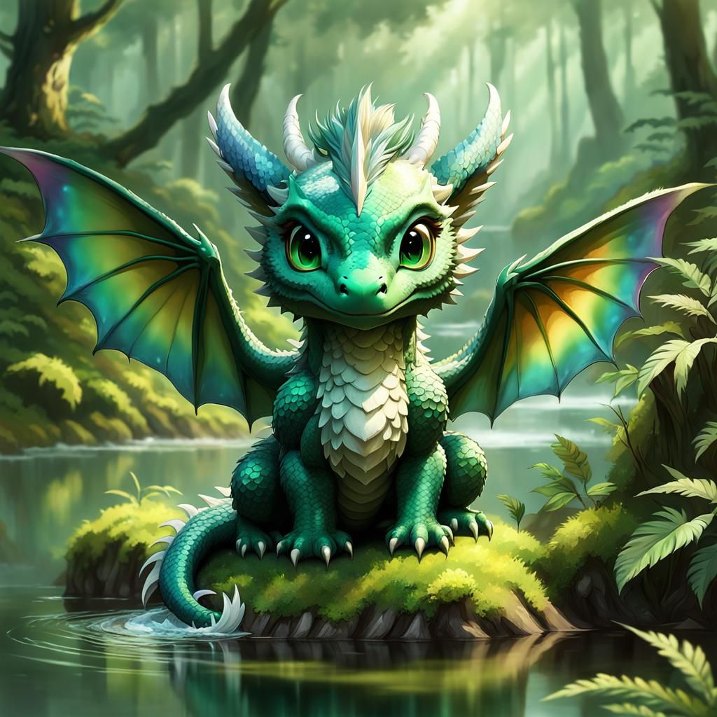 Chibi Dragon in Forest, Detailed Digital Art