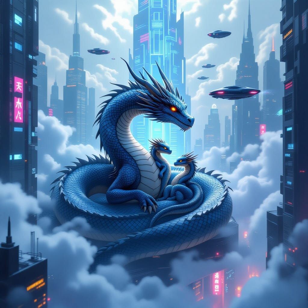 Mother Dragon Protects Her Young in a Futuristic Cityscape