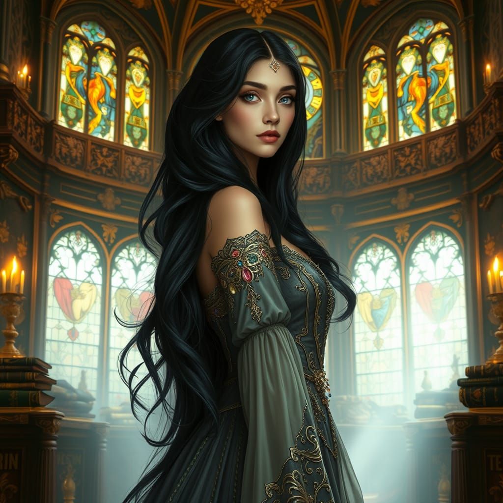 Woman in Grand Library in Renaissance Style