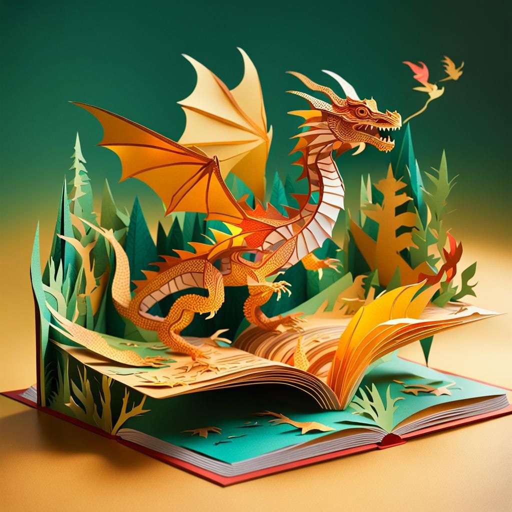 Paper Dragon in Open Pop-Up Book: 3D Illustration