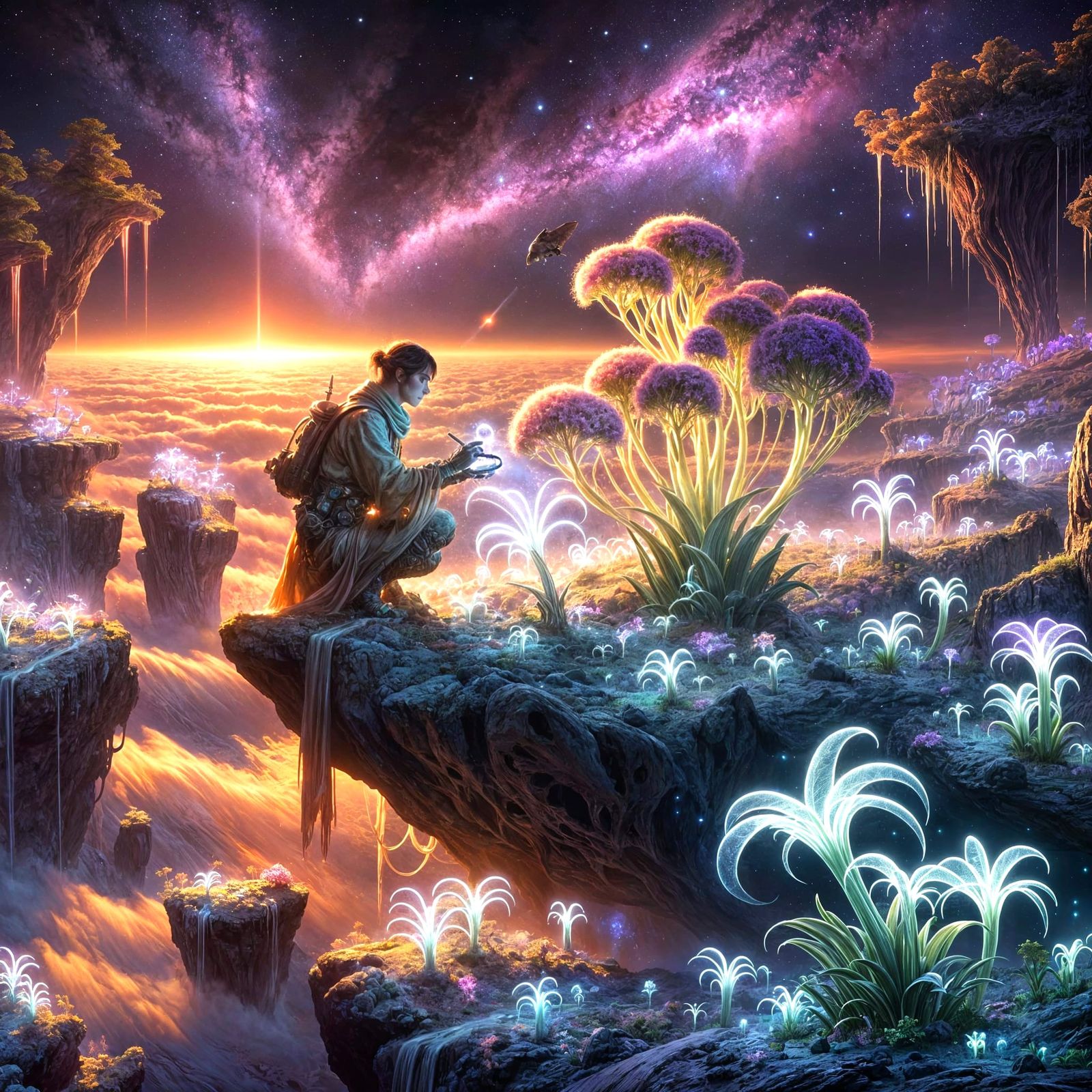 Botanist Tending Bioluminescent Flora on Asteroid