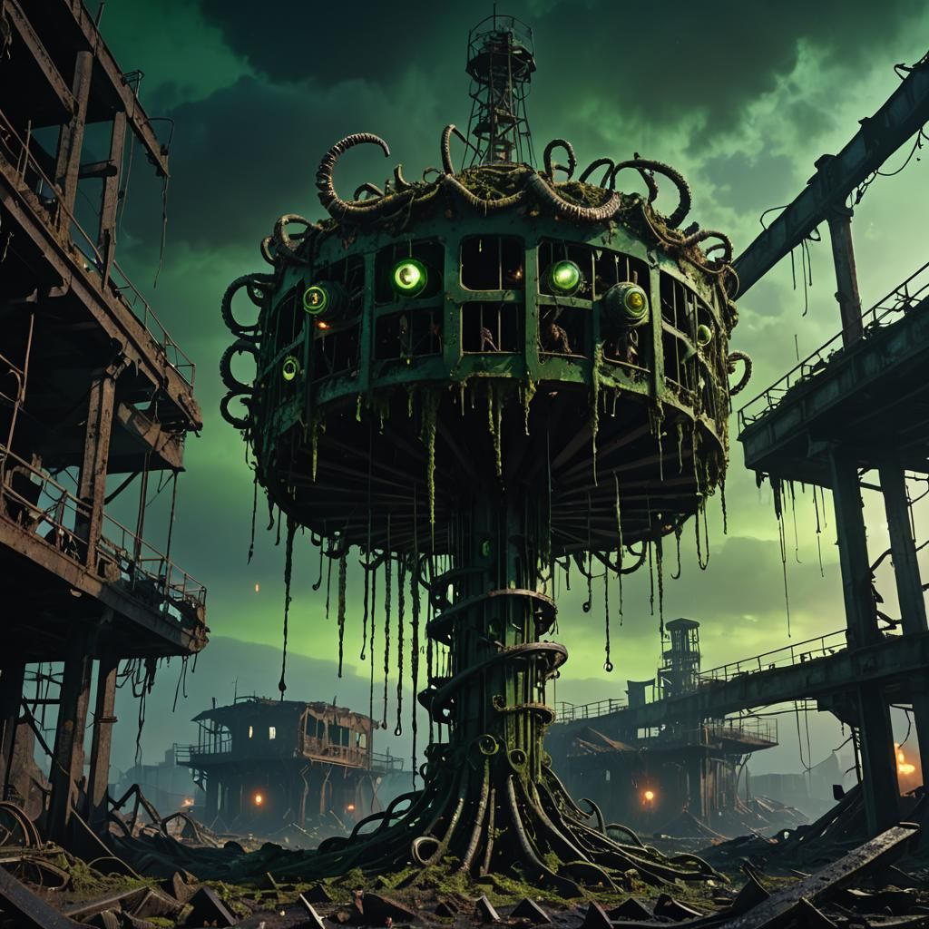 Dystopian Maggot Carousel in Industrial Surrealism Style