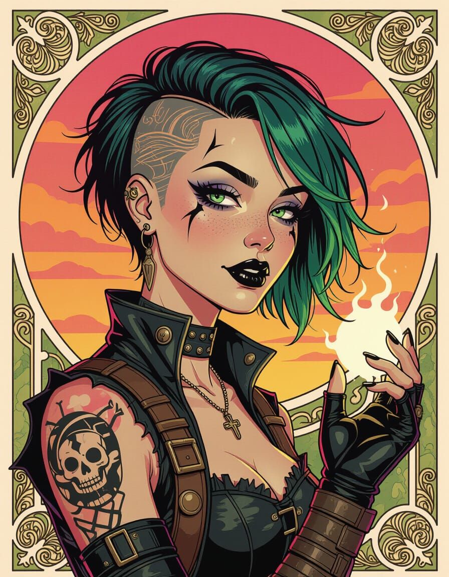 Art Nouveau Illustration of Punk Woman with Glowing Hand