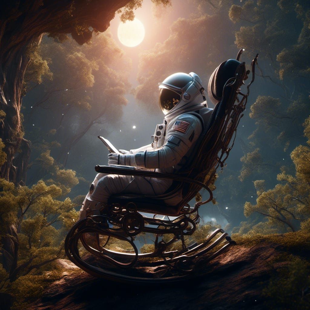Astronaut on Moon in Rocking Chair: Detailed Matte Painting