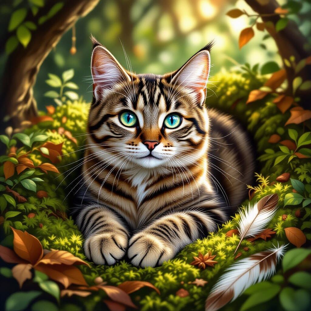 Tabby Cat in Moss Nest, Earthy Tones