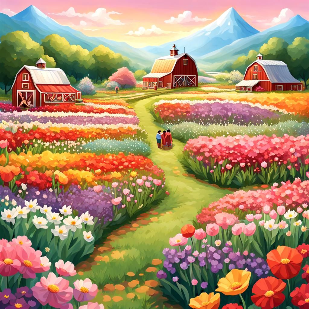 Breathtaking Flower Field Artwork with Warm Sunlight