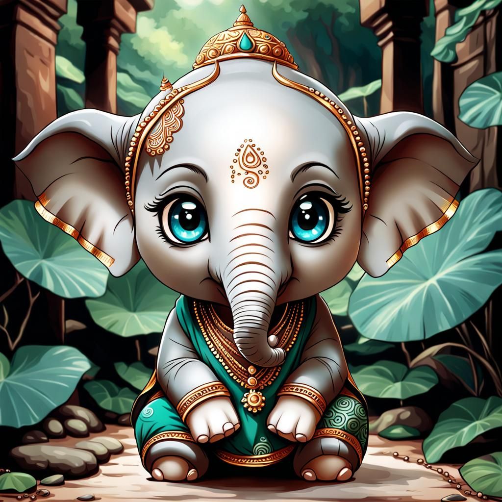 Chibi Elephant Ganesh in Ghibli Style