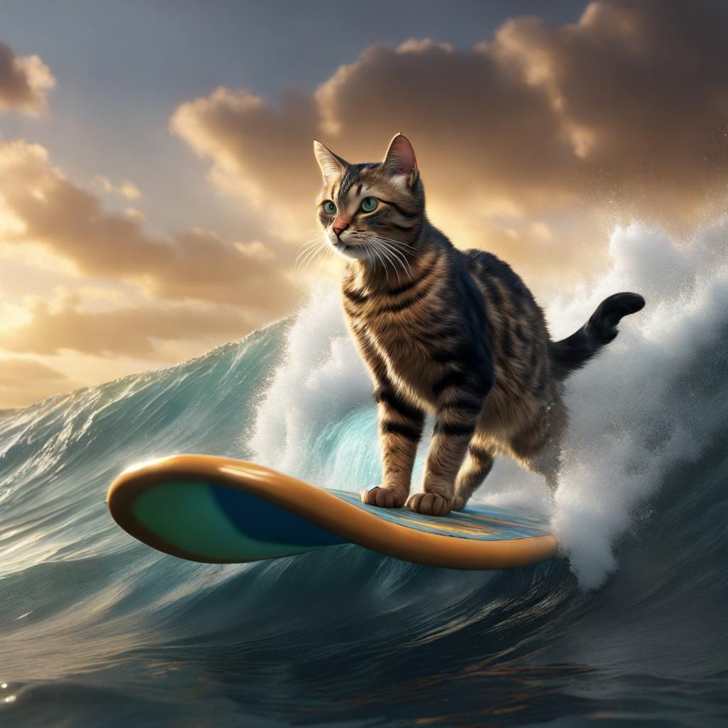 Hyperrealistic Cat Surfboarding on Waves