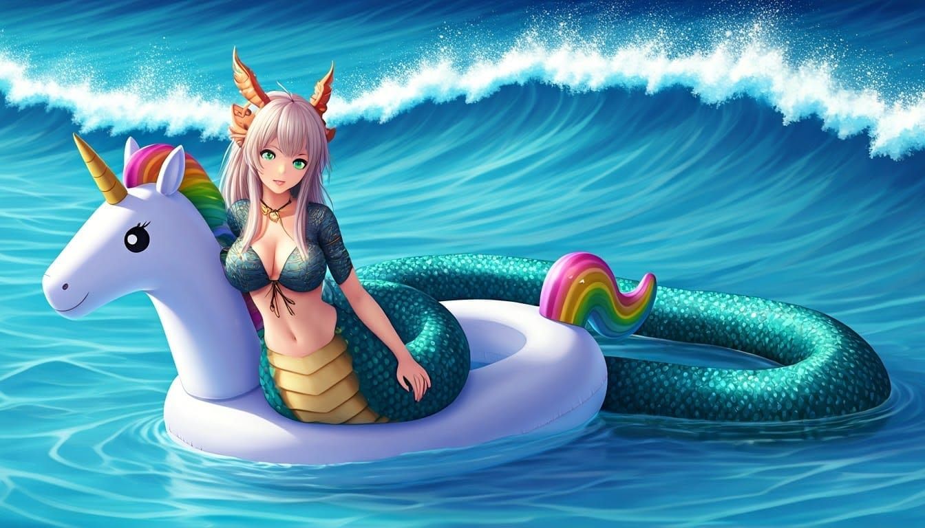 Naga Goddess Enjoys Unicorn Pool Float in Vibrant Anime Art