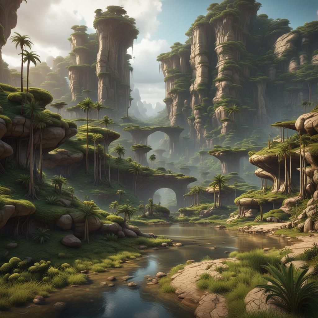 Futuristic Mixed Landscape with Rock Arches