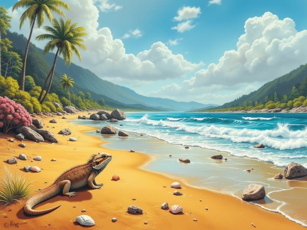 Golden Beach With Bearded Dragon Under Australian Sun