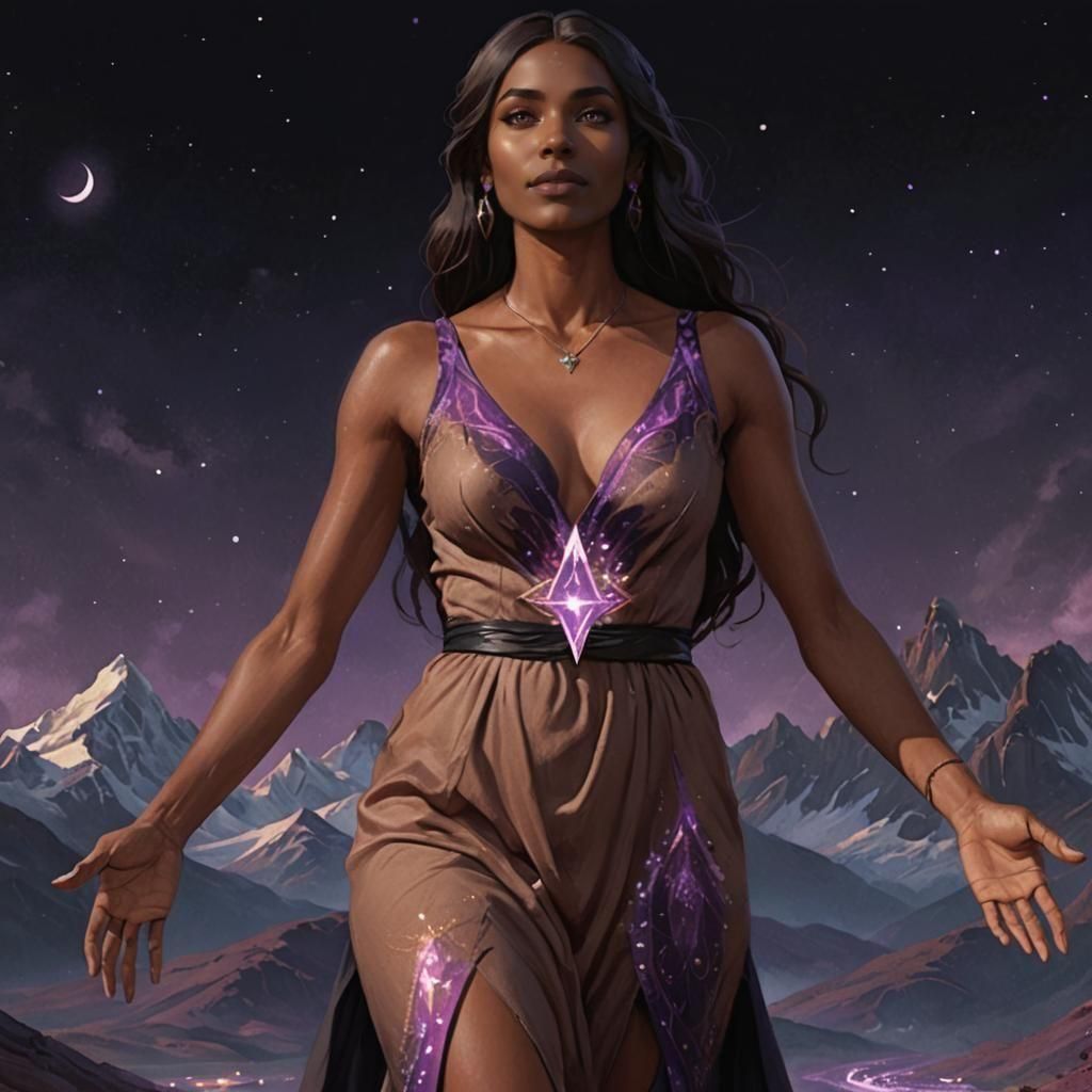 Sorceress Casting Magic in the Mountains