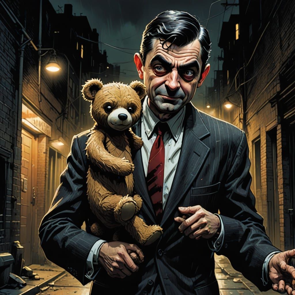 Mr. Bean Battles the Venom Symbiote in Dark Noir Comic Style