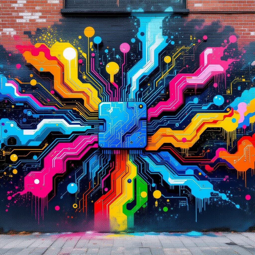 Vibrant Graffiti Mural of Digital Circuits and Organic Forms