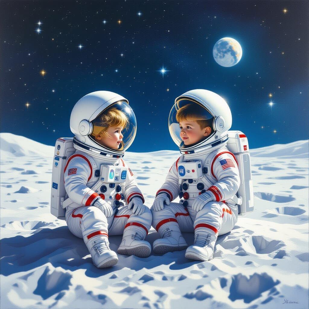 Children on the Moon in Dreamlike Style