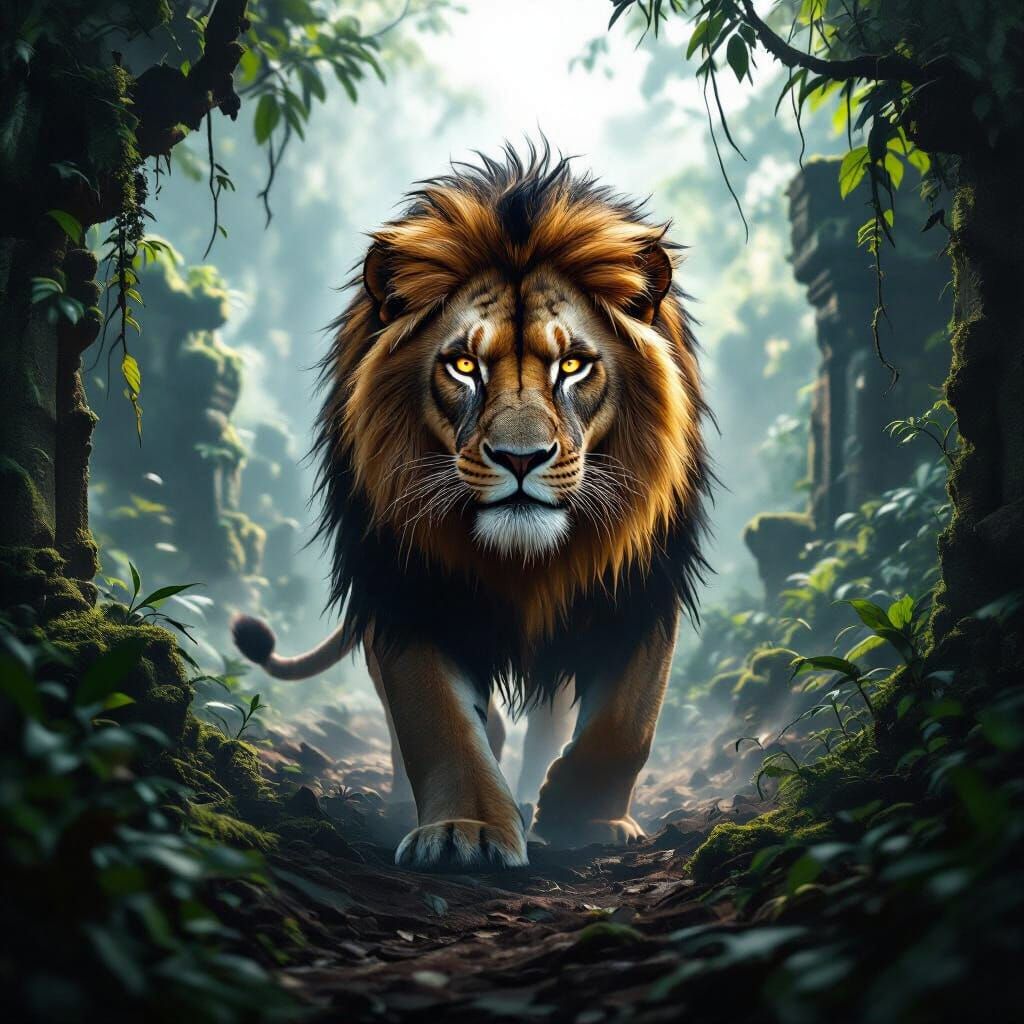 Majestic Lion Emerges From Misty Jungle Ruins