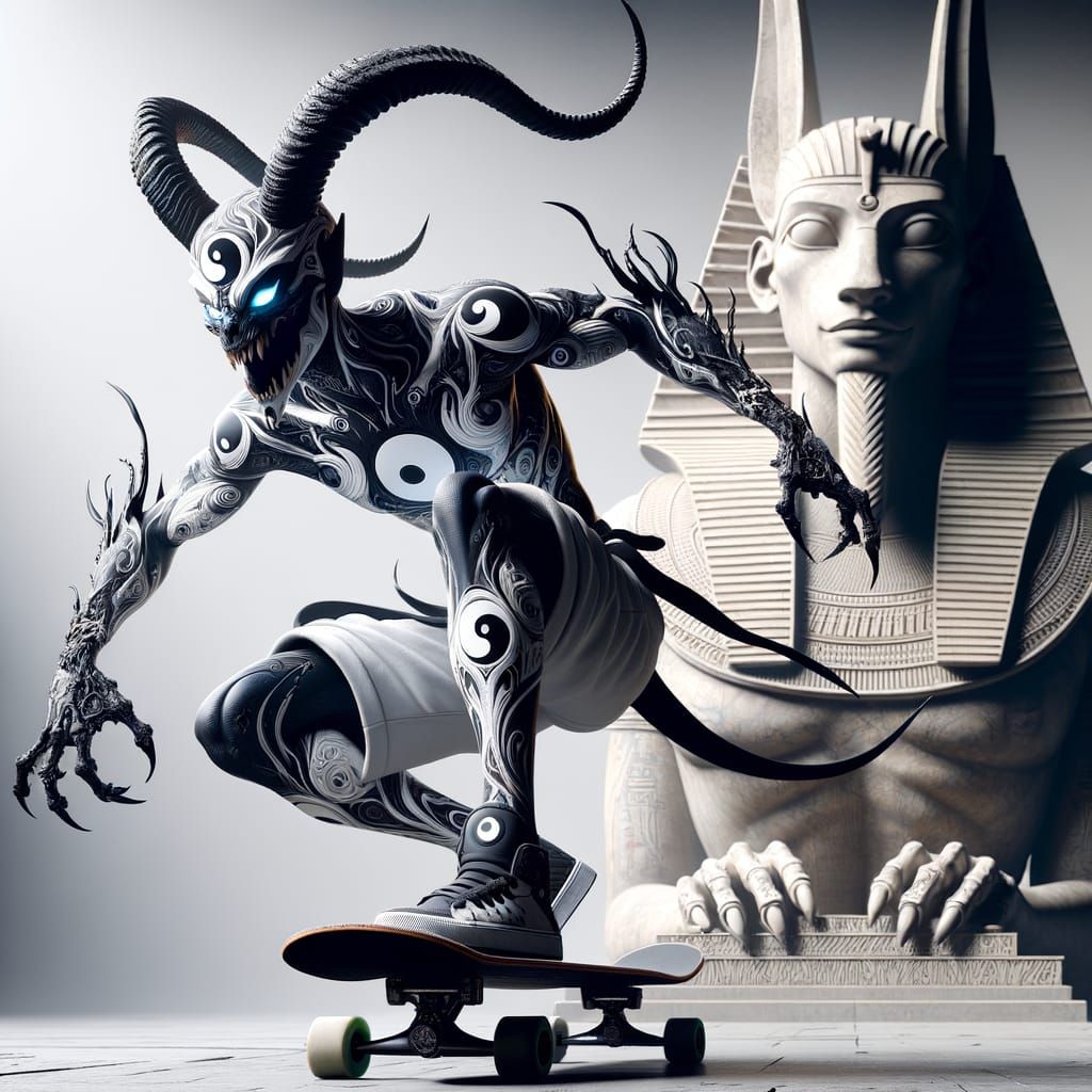 Dynamic Gothic Demon Rides Skateboard Past Anubis Statues
