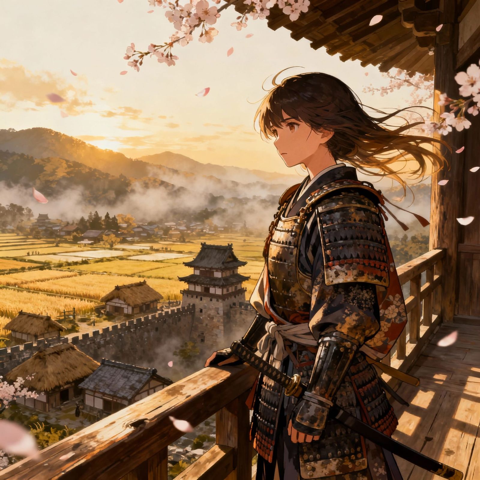 Female Samurai Contemplating Medieval Japan from Castle