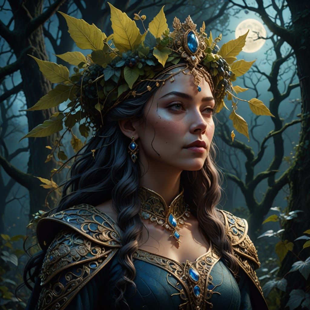 Regal Queen's Headdress in Moonlit Forest Matte Painting