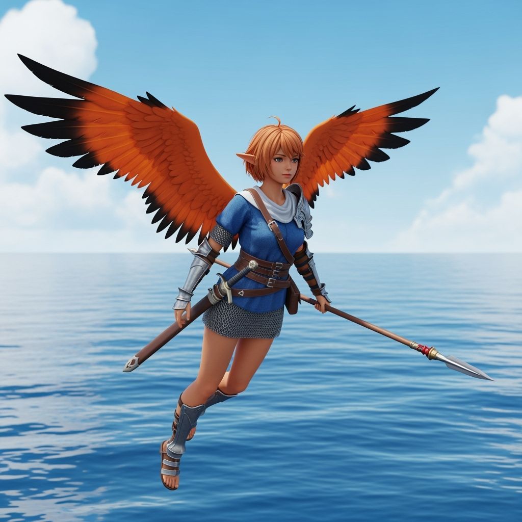 Winged Warrior Flies Over Ocean: 3D Anime Art