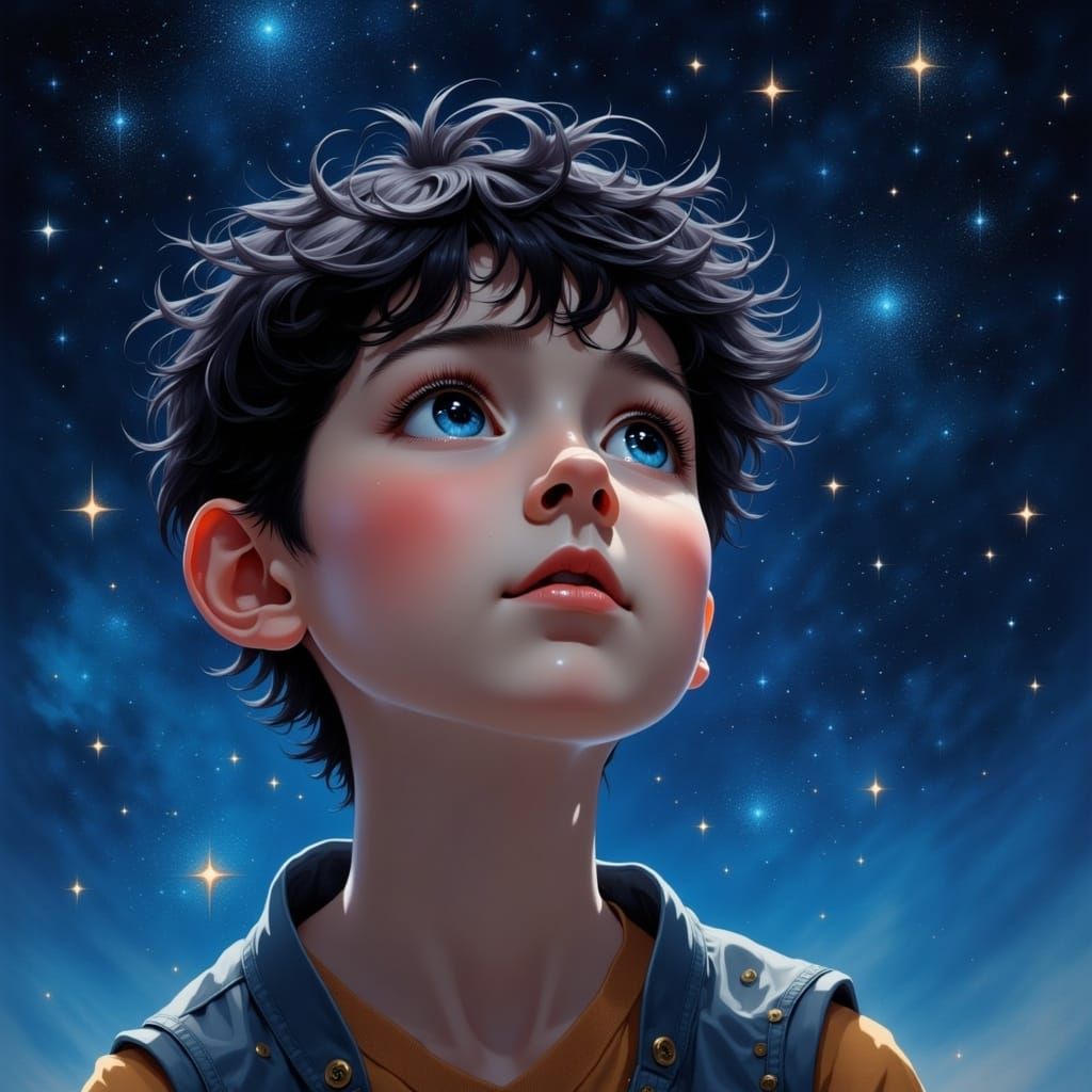 Boy Gazing at Starry Night Sky with Wonder