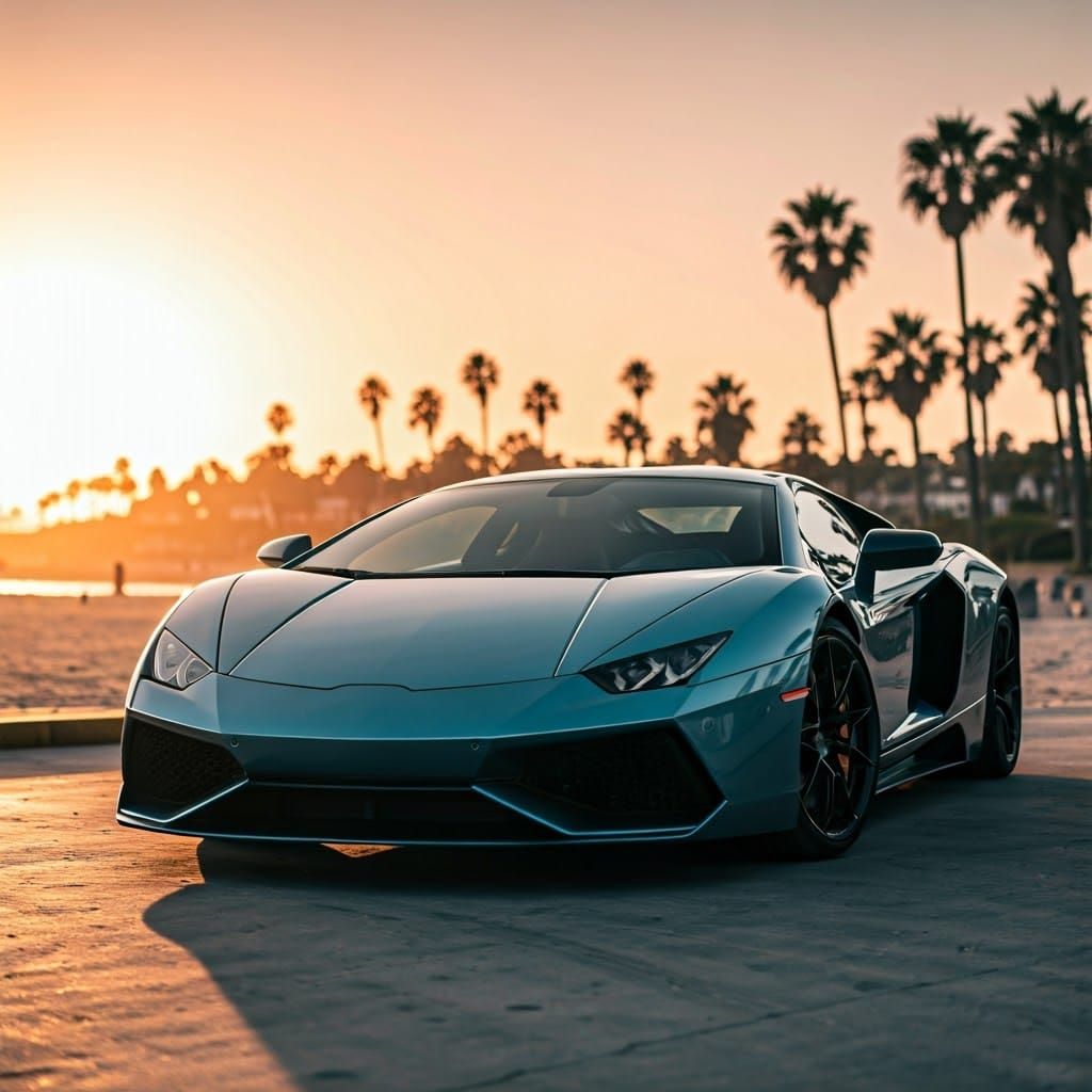 Luxury Supercar at Sunset Beach: Automotive Photography