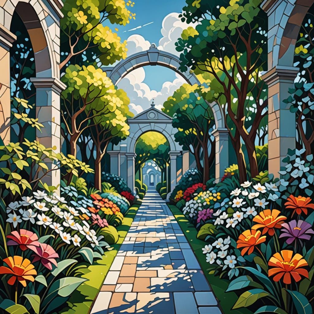 Cubist Garden Path with Silver Flowers in Art Deco Style