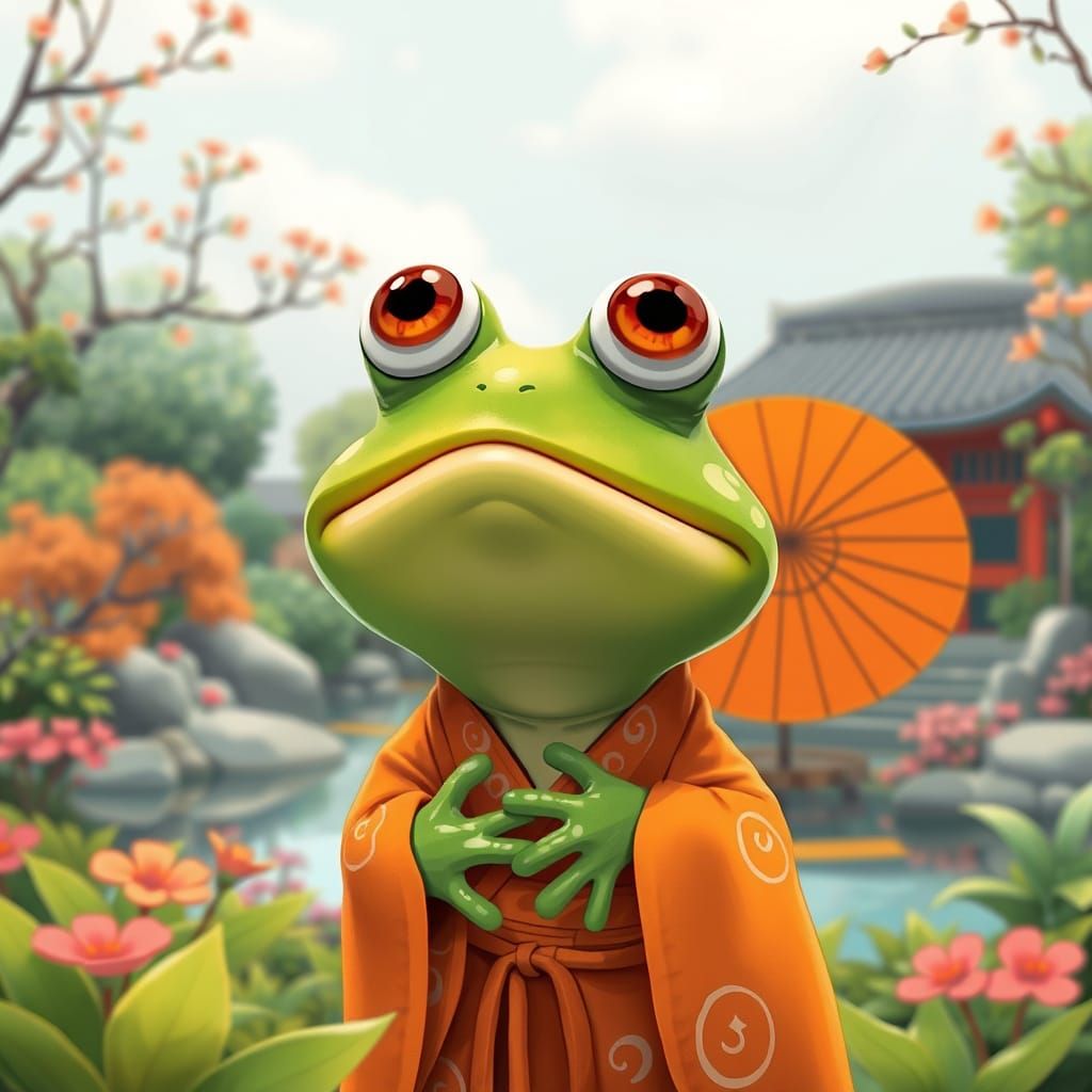 Surprised Frog in Kimono, Whimsical Garden Scene