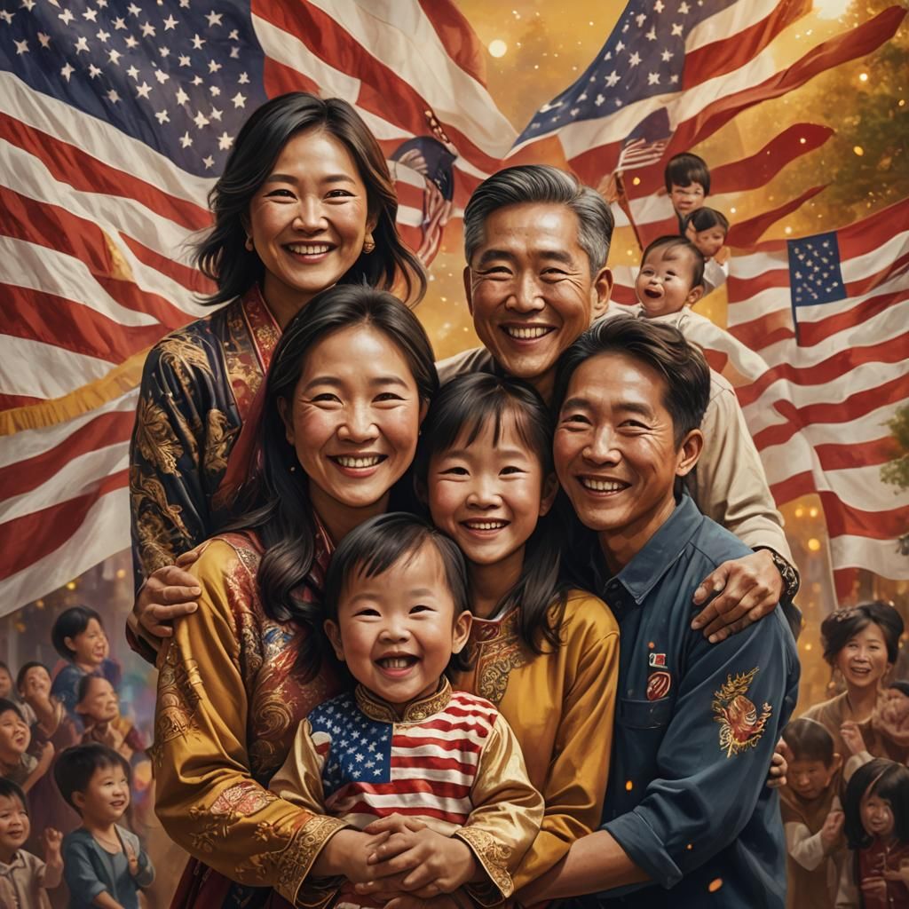 Happy Asian Family Portrait in Vibrant Digital Painting