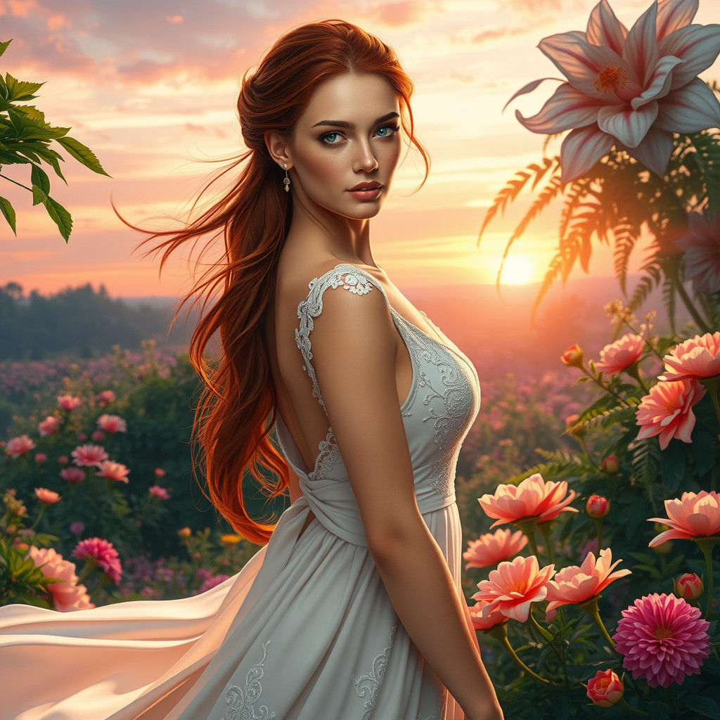 Auburn Haired Woman in Enchanted Garden, Fantasy Art